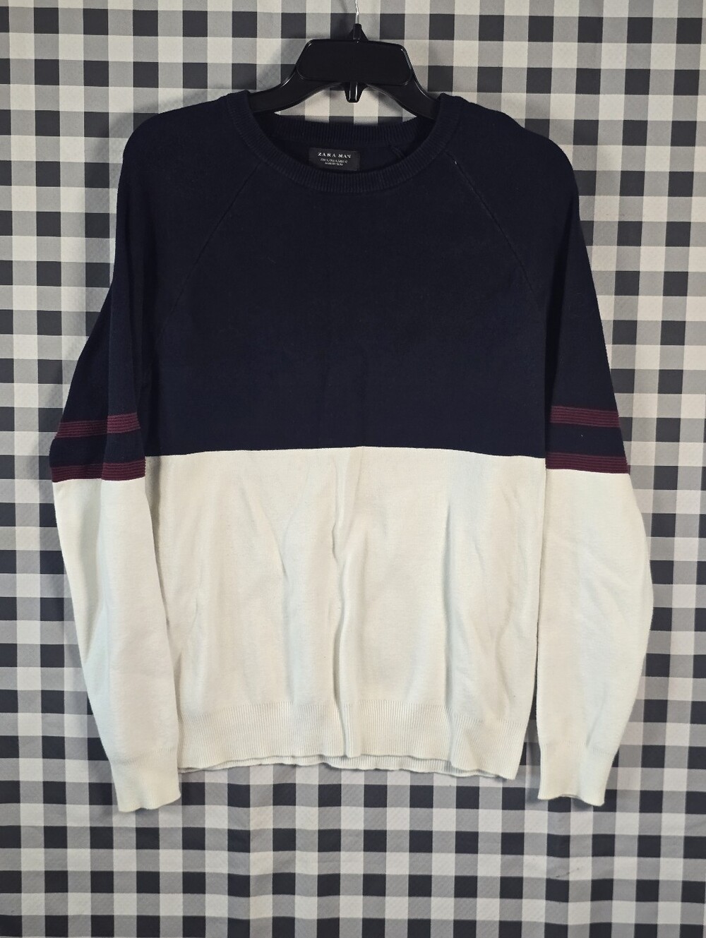 Zara Man Men Sz L Navy White Colorblock Crewneck Sweater Burgundy Striped